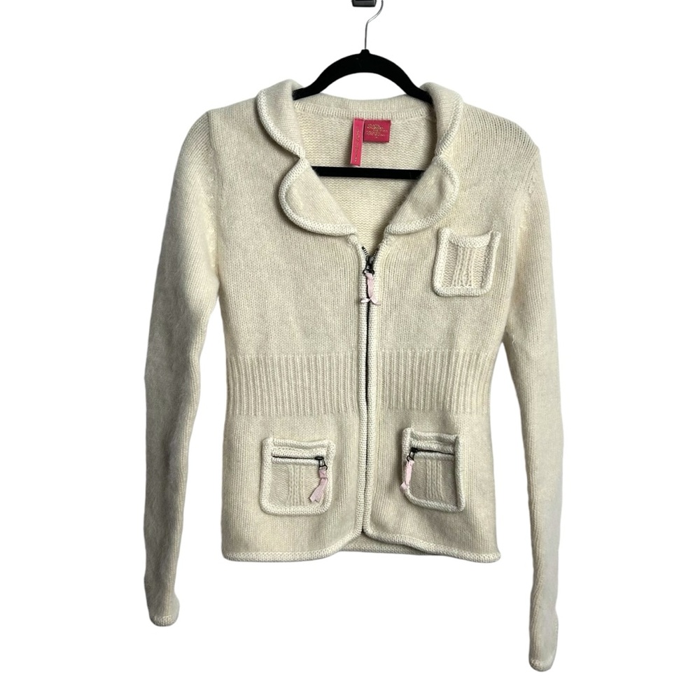 CHARLOTTE Wool Angora Sweater SzS small pockets w zippers pink grosgrain ribbon